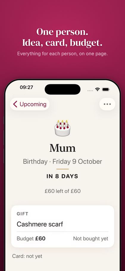 Pressie: one person, idea, card and budget